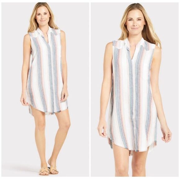 Cloth & Stone Sunburst Fray Button Down Linen Blend Sleeveless Shirt Dress Sz S - Picture 2 of 11